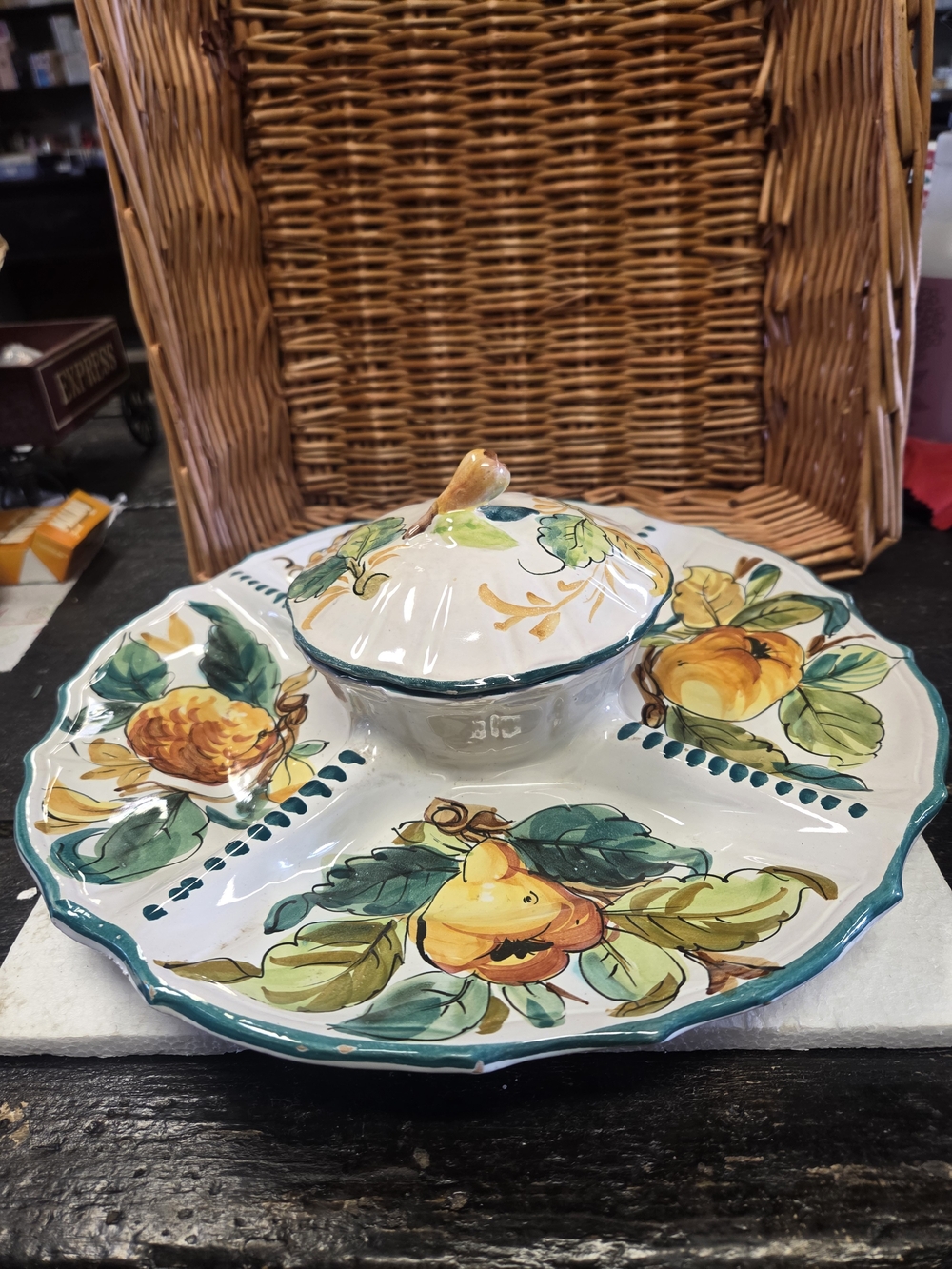 Hand-Painted VINTAGE ITALIAN MAJOLICA Ceramic Platter with Covered Dip